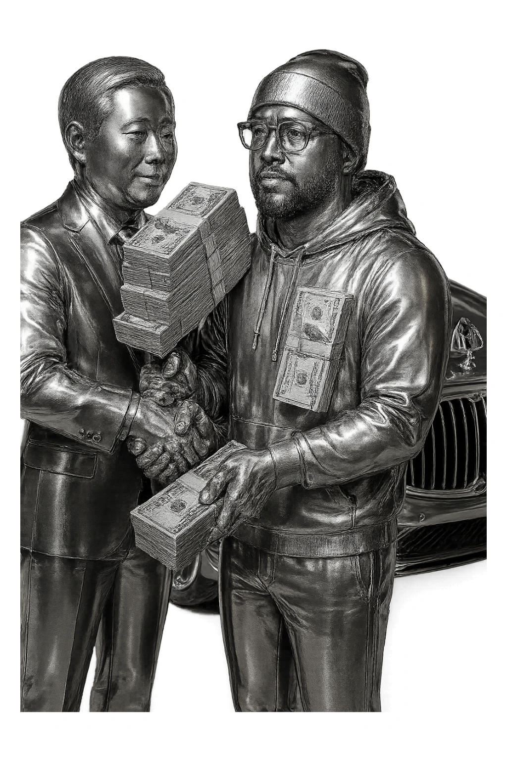 Edit the image to have just one stack of money being held between the two men shaking hands. Keep the chrome style, Maybach in the background, and transparent background. All other details remain the same. sticker