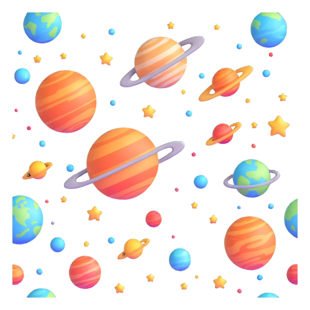 Colorful planets and stars floating in space, white background, bright colors, lively atmosphere sticker