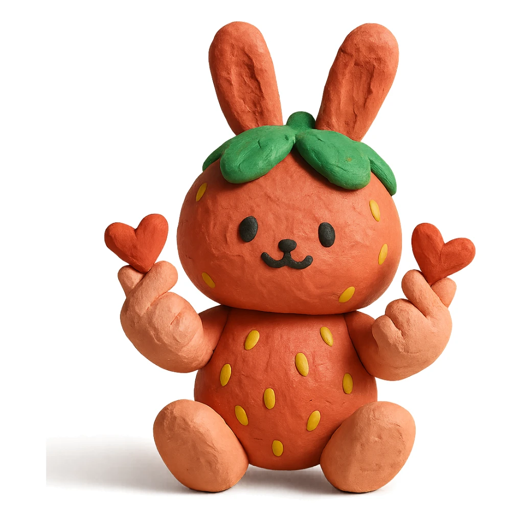 strawberry bunny making finger hearts, claymation style sticker