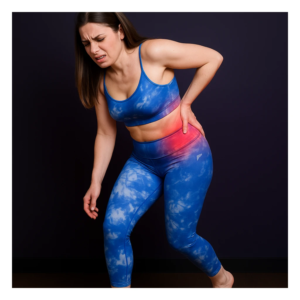 A slender woman in 4K, walking with a limp, hand supporting the left hip, acute pain expression, hip and lower back with reddened areas, inspired by the reference photo. sticker