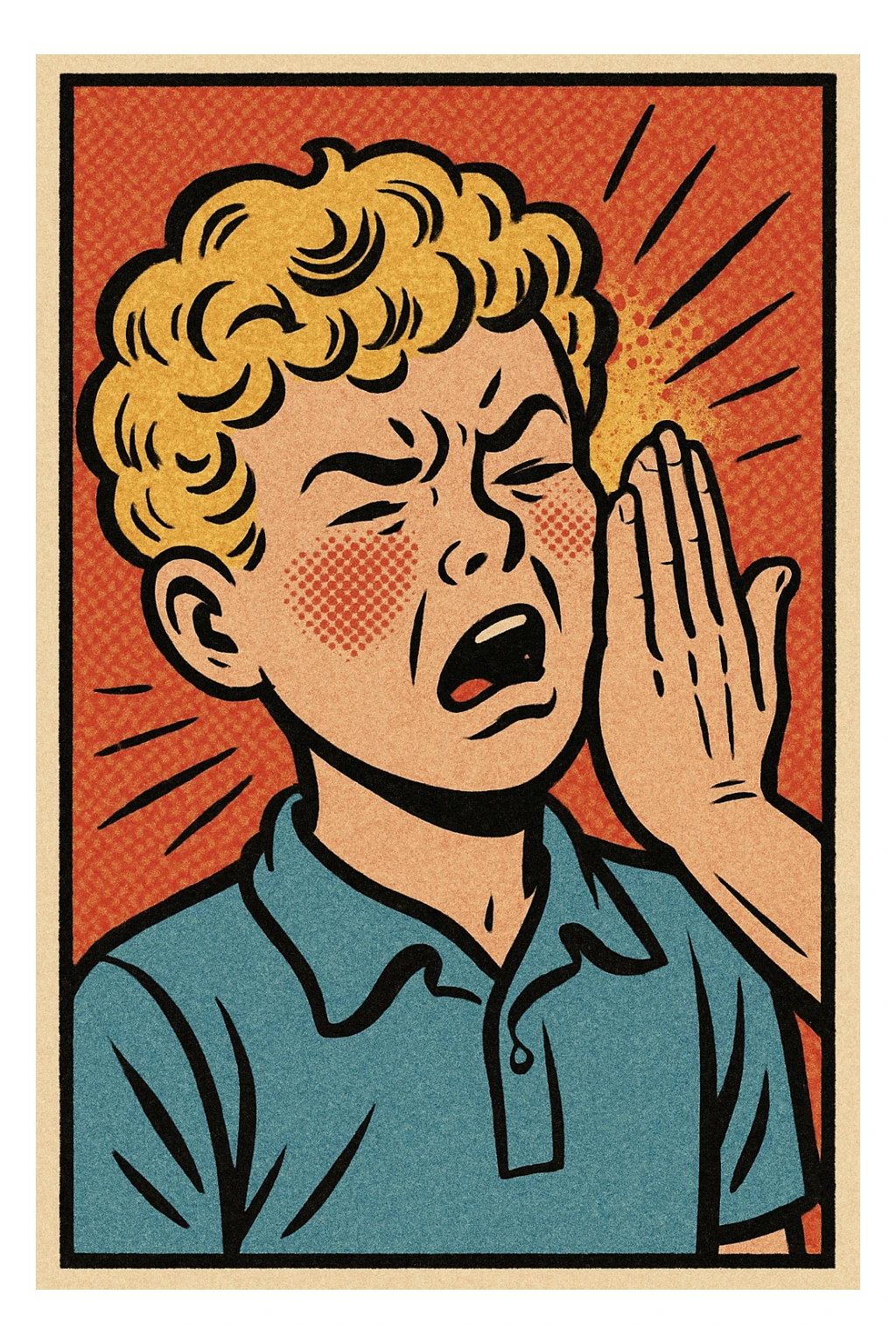 a blond white boy with curly hair being slapped, comic book style, dynamic motion lines sticker