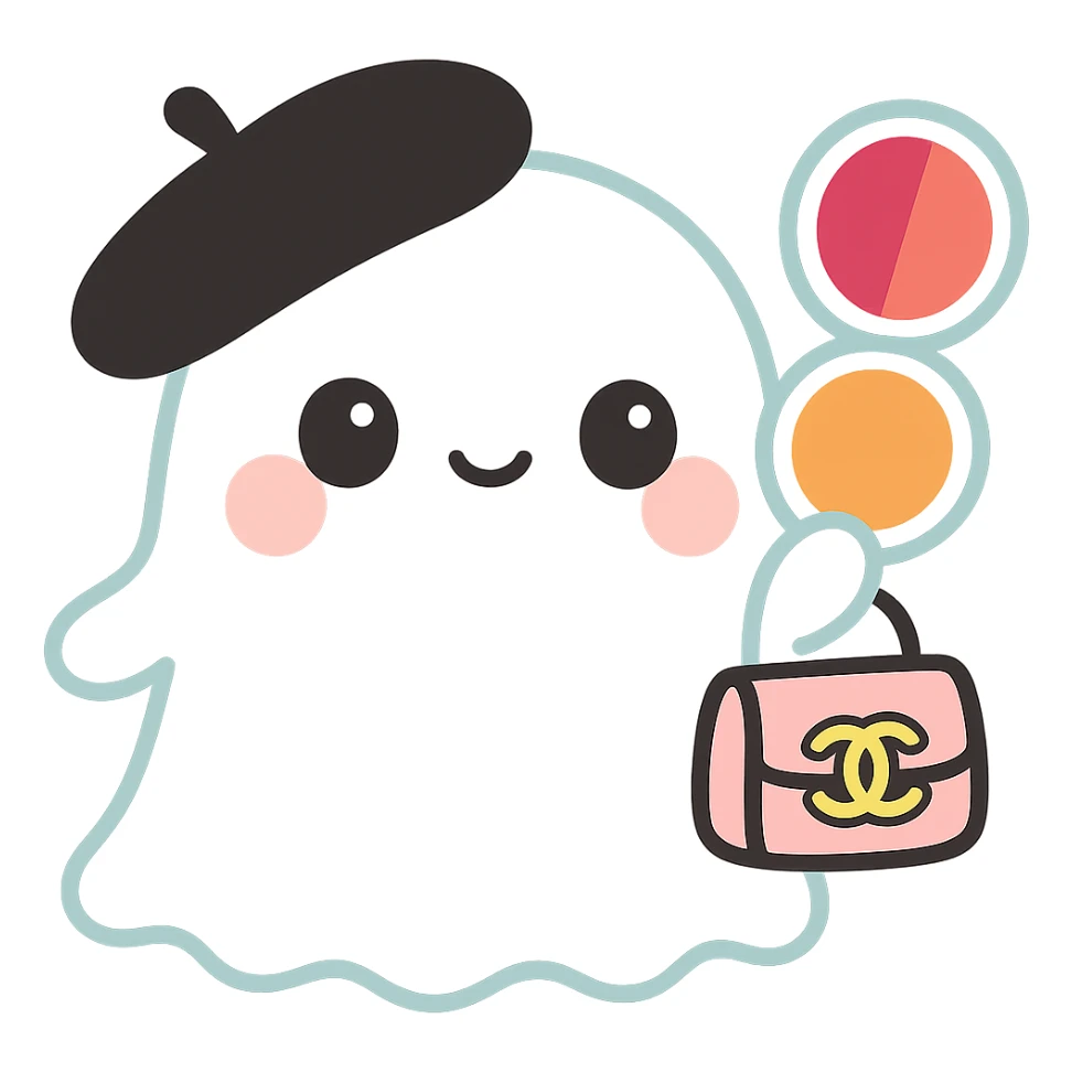 Make the colors in the blush compact darker, with one side a deep pink and the other a rich orange. Keep the ghost white, with a black beret and pink Chanel purse, kawaii style, no background. sticker