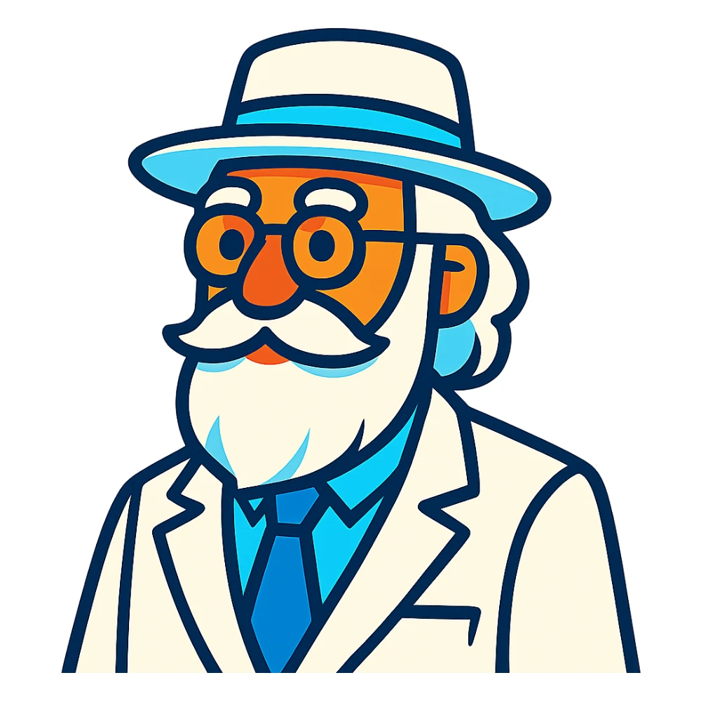 old man with a white hat, long white beard, white moustache, round glasses, white suit, white longish hair, vibrant toon style sticker