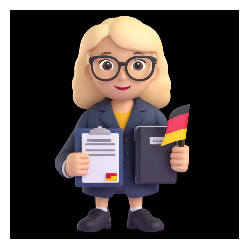 Add a background with the German flag. The universal character holds a passport or permanent residence document in hands. Maintain the 3D style. The character is neutral, friendly, and official. sticker