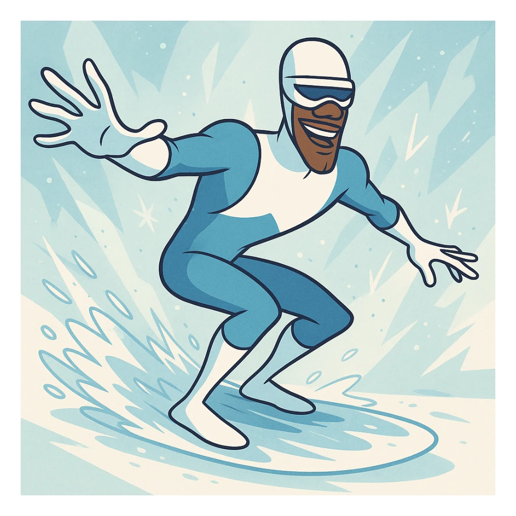 Frozone from The Incredibles, dynamic action, icy background, blue and white superhero suit, cartoon style sticker