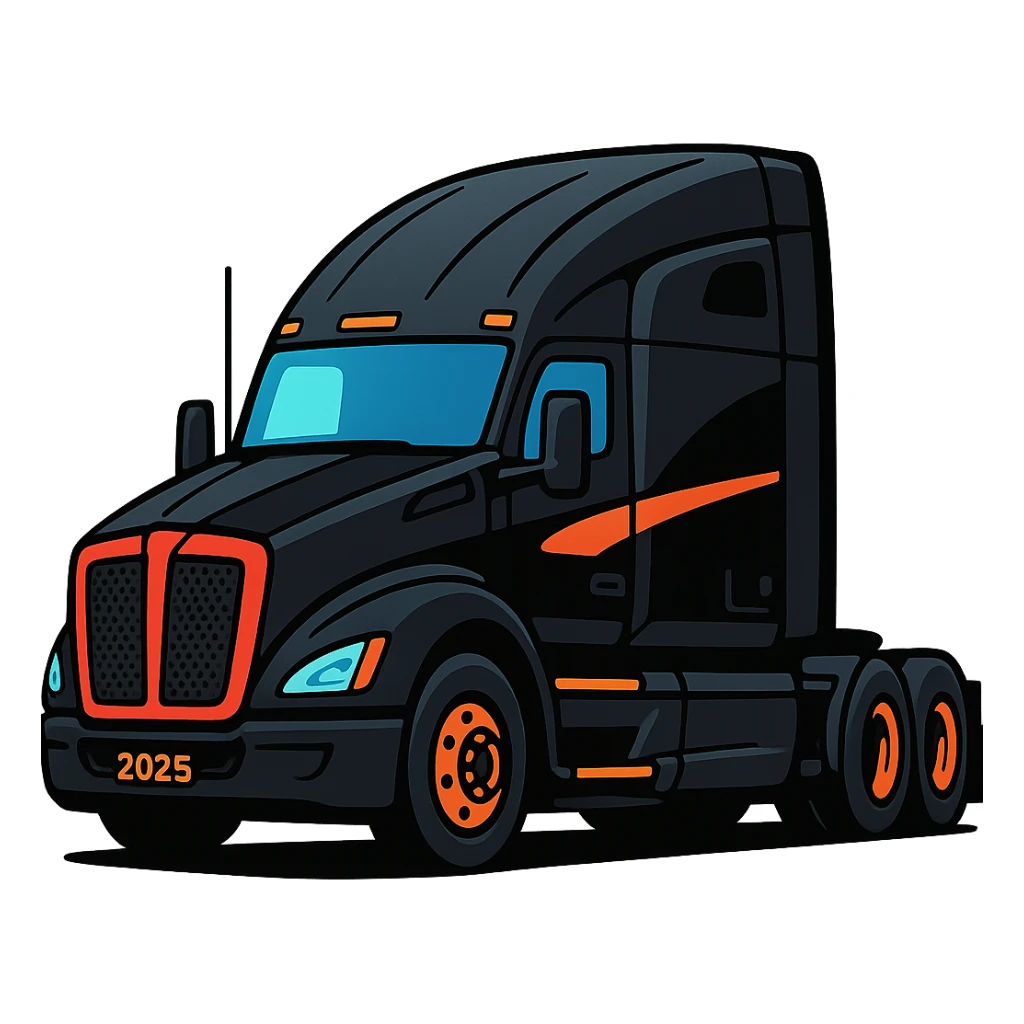 2025 Kenworth T680, black, side view, stylized cartoon sticker