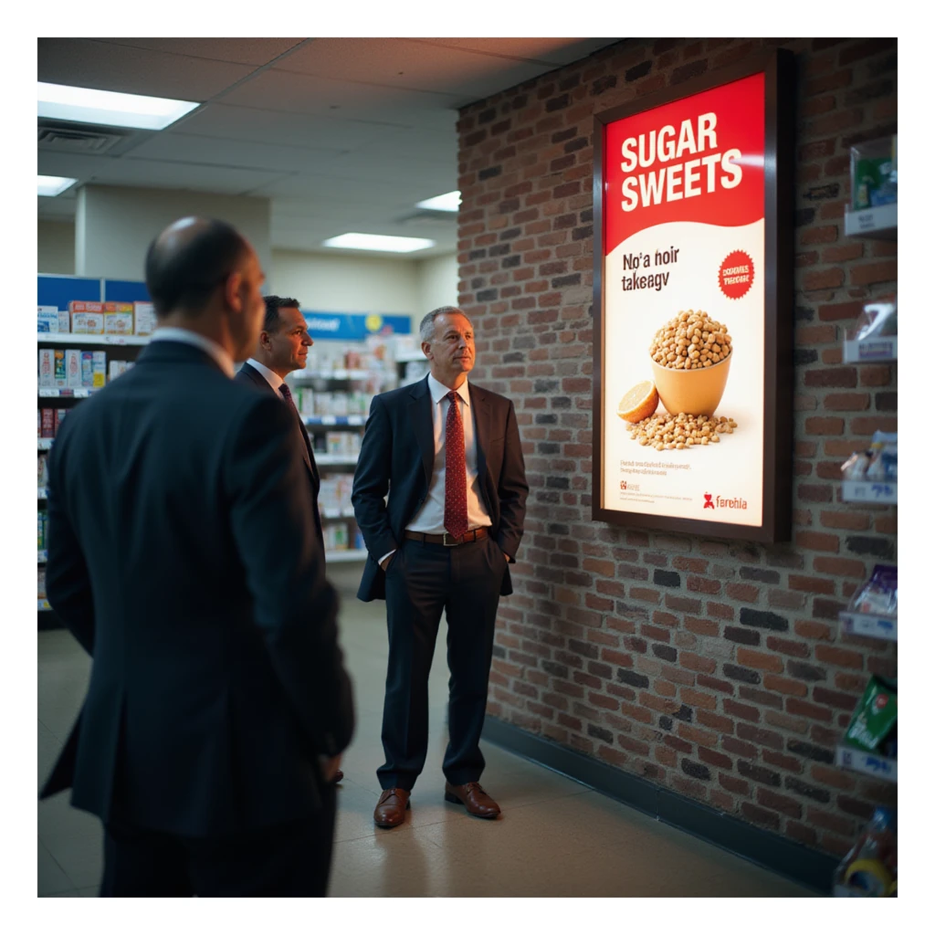 symbolic scene: bright advertisement of sugar and sweets next to a pharmacy, pharmaceutical executives watching satisfied, atmosphere of manipulation, realistic details, 4K quality sticker