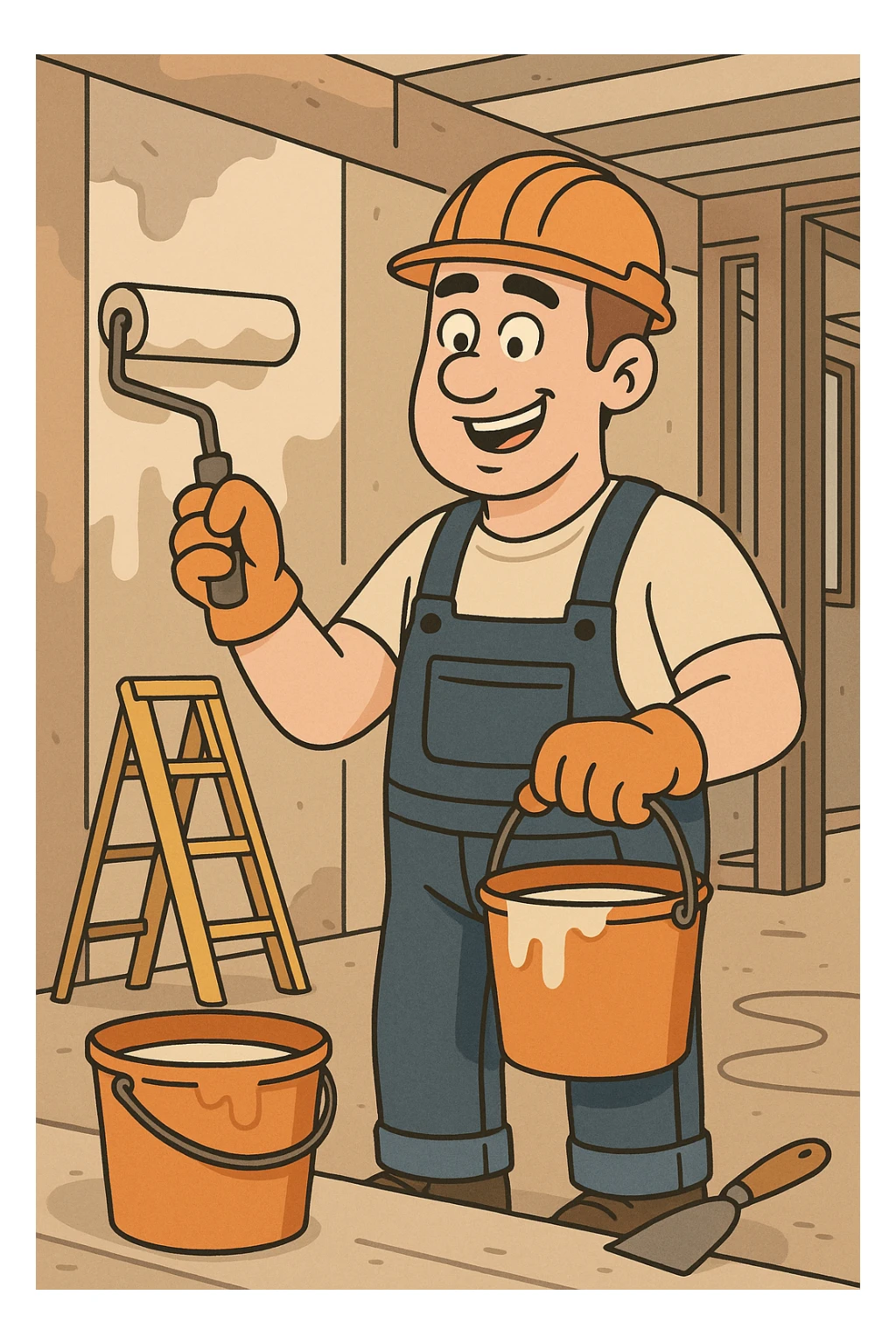 a construction worker painting a wall on a renovation site, with tools and paint buckets, fun and friendly look, cartoon style sticker