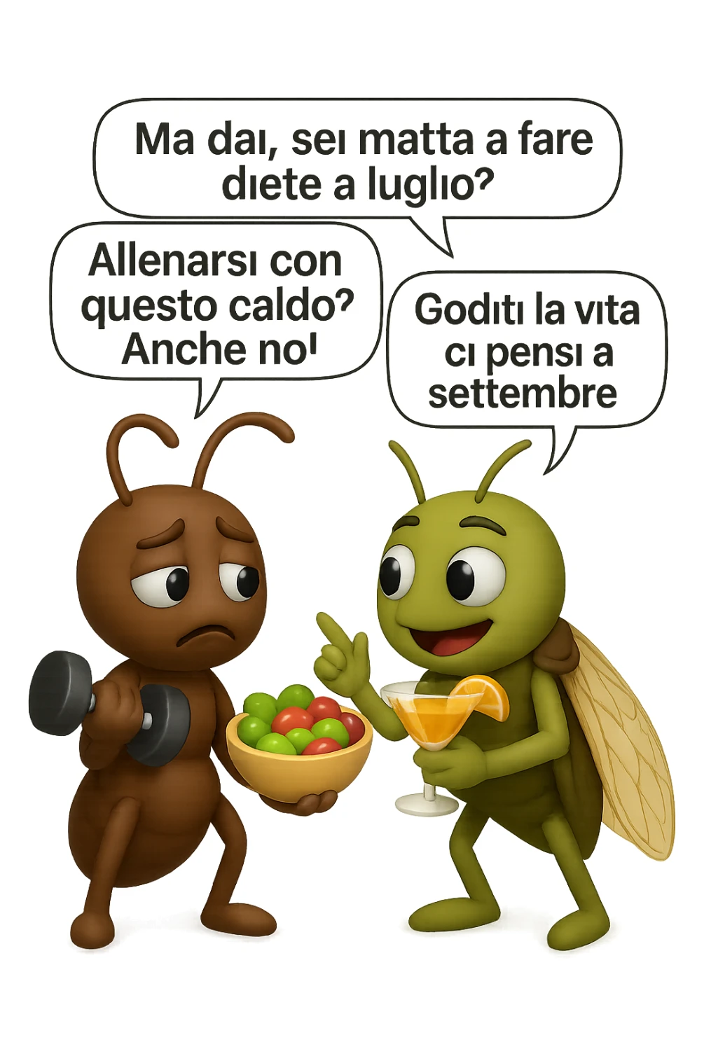 EMOJI STILE IPHONE 3D DI una cicala e una formica che parlano tra loro, la formica ha nella mano destra un manubrio da palestra e nella nella mano sinistra una bowl di insalata, la cicala invece ha un cocktail in mano, la cicala prende in giro la formica E LE DICE IN 3 FUMETTI DIFFERENTI: "Ma dai, sei matta a fare diete a luglio?”
“Allenarsi con questo caldo? Anche no!”
“Goditi la vita, ci pensi a settembre.”
 sticker