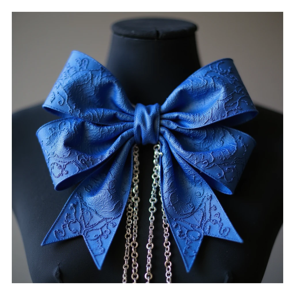 realistic blue gothic bow with lace, dramatic pointed ends, ornate silver chains, transparent background sticker