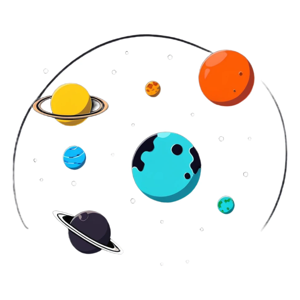 Bright planets and stars floating, white background, high saturation, colorful sticker