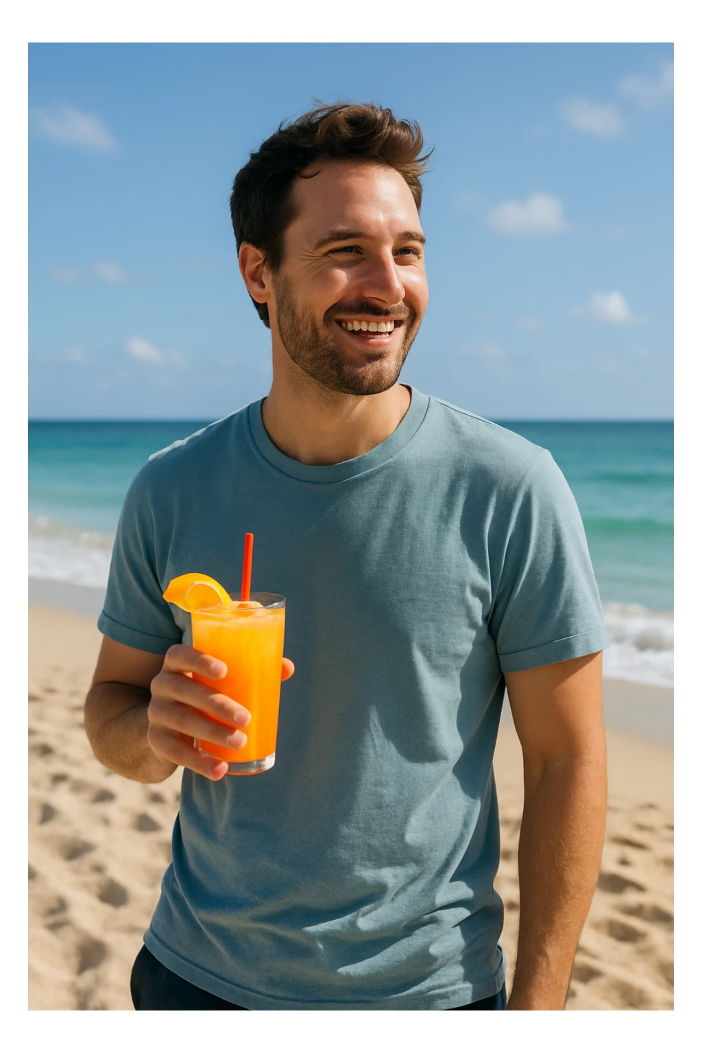 take this picture of a man and make it  beach photo with drink sticker