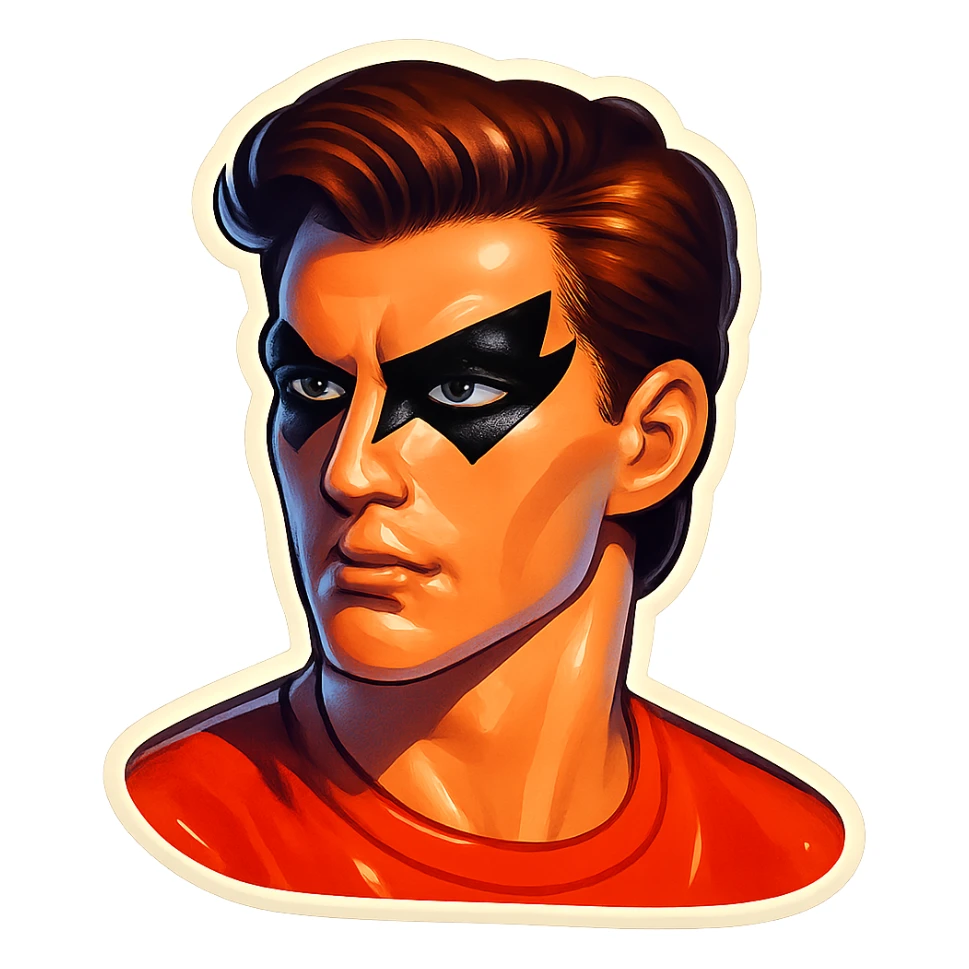 masculine subject with bold, angular black eye makeup, retro sticker style, subject inside image borders, high quality sticker