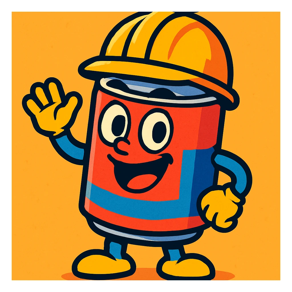 a can wearing a construction hat, vibrant, playful, cartoon style, bold colors, cheerful expression sticker