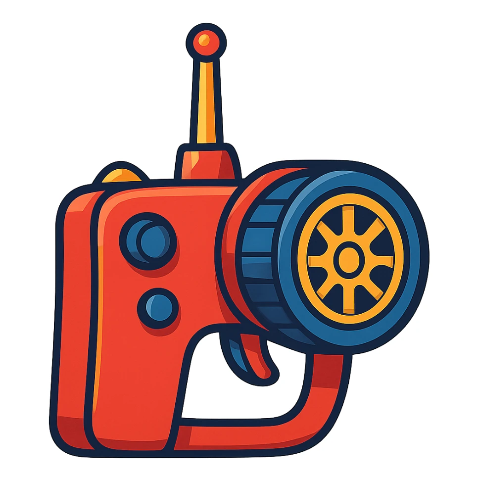 typical remote control for a remote-controlled car, wheel-shaped dial, cartoon style, bright colors sticker