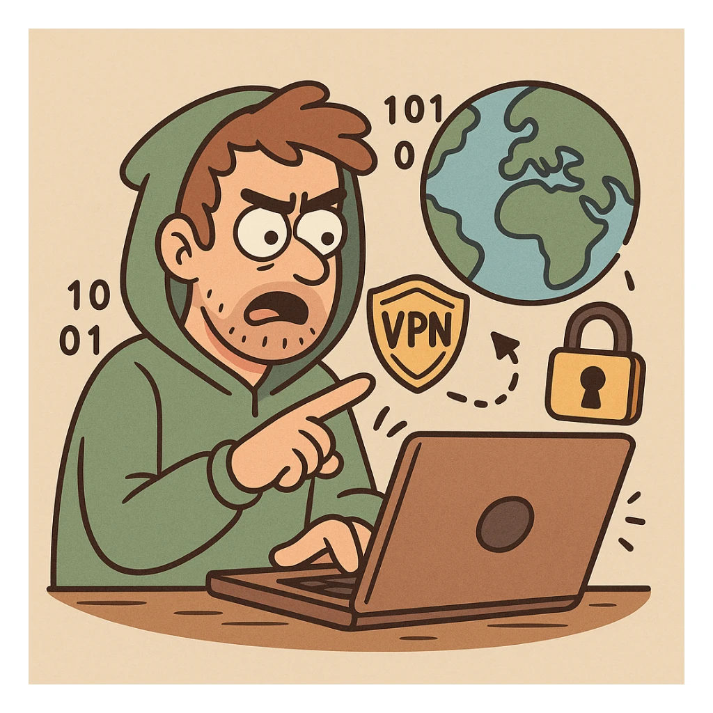 cartoon style globe with VPN spoofing and digital security sticker