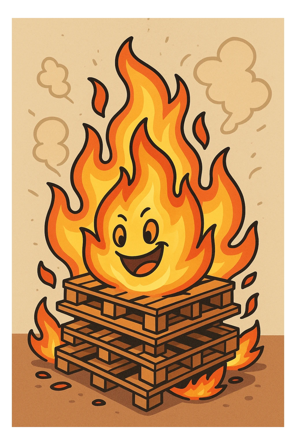 cartoon bonfire with stacked pallets, exaggerated flames, cheerful, thick lines, vibrant colors sticker
