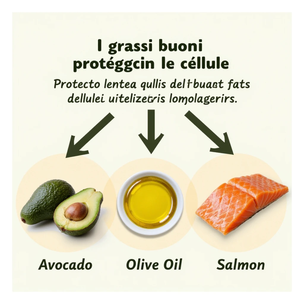 realistic infographic showing cell membranes protected by healthy fats (avocado, olive oil, salmon), arrows showing protective action, educational style, Italian caption 'I grassi buoni proteggono le cellule', colorful background sticker