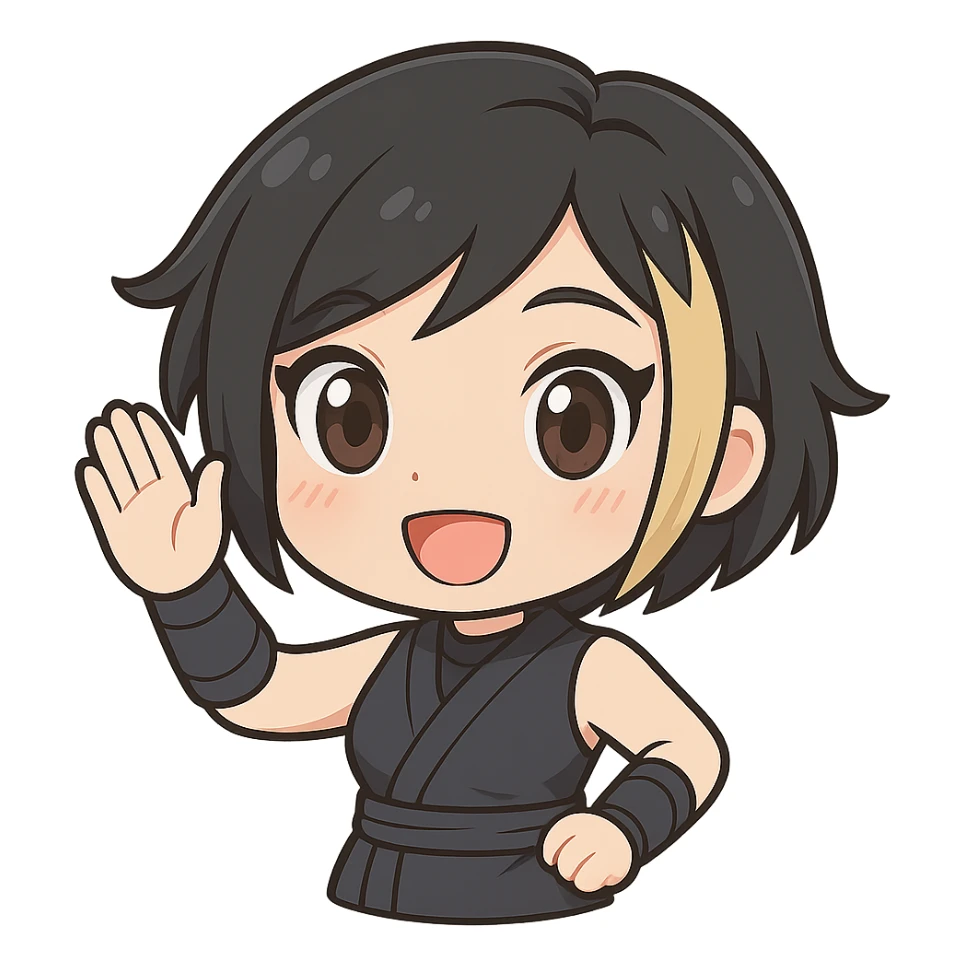 Make this exact chibi ninja girl wave upward, keeping the same anime chibi style, face, outfit, and colors. Only change the arm position for animation. Transparent background, sized for Twitch emoji use. sticker