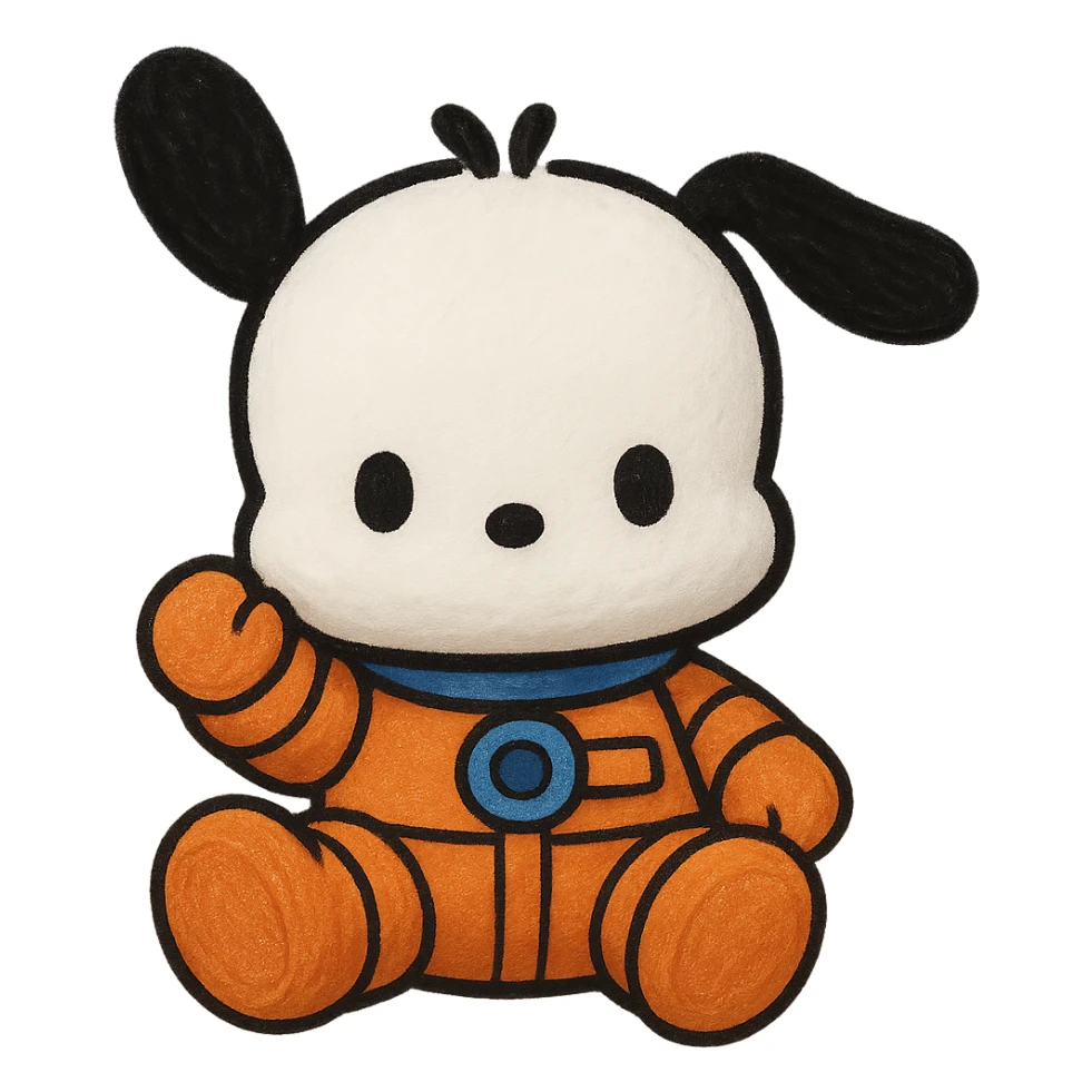 Make Pochacco white with black ears, wearing an orange and blue space suit, keep plushy Popmart doll style, cute and playful, no background. The style should reflect a plushy Popmart doll look, cute and playful. sticker