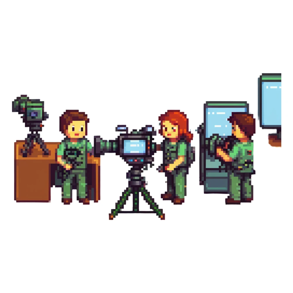 collaboration équipe de tournage with multiple members including caméraman, preneur de son, réalisateur working together around a broadcast camera, dynamic atmosphere, wide shot, team spirit in pixel art style sticker