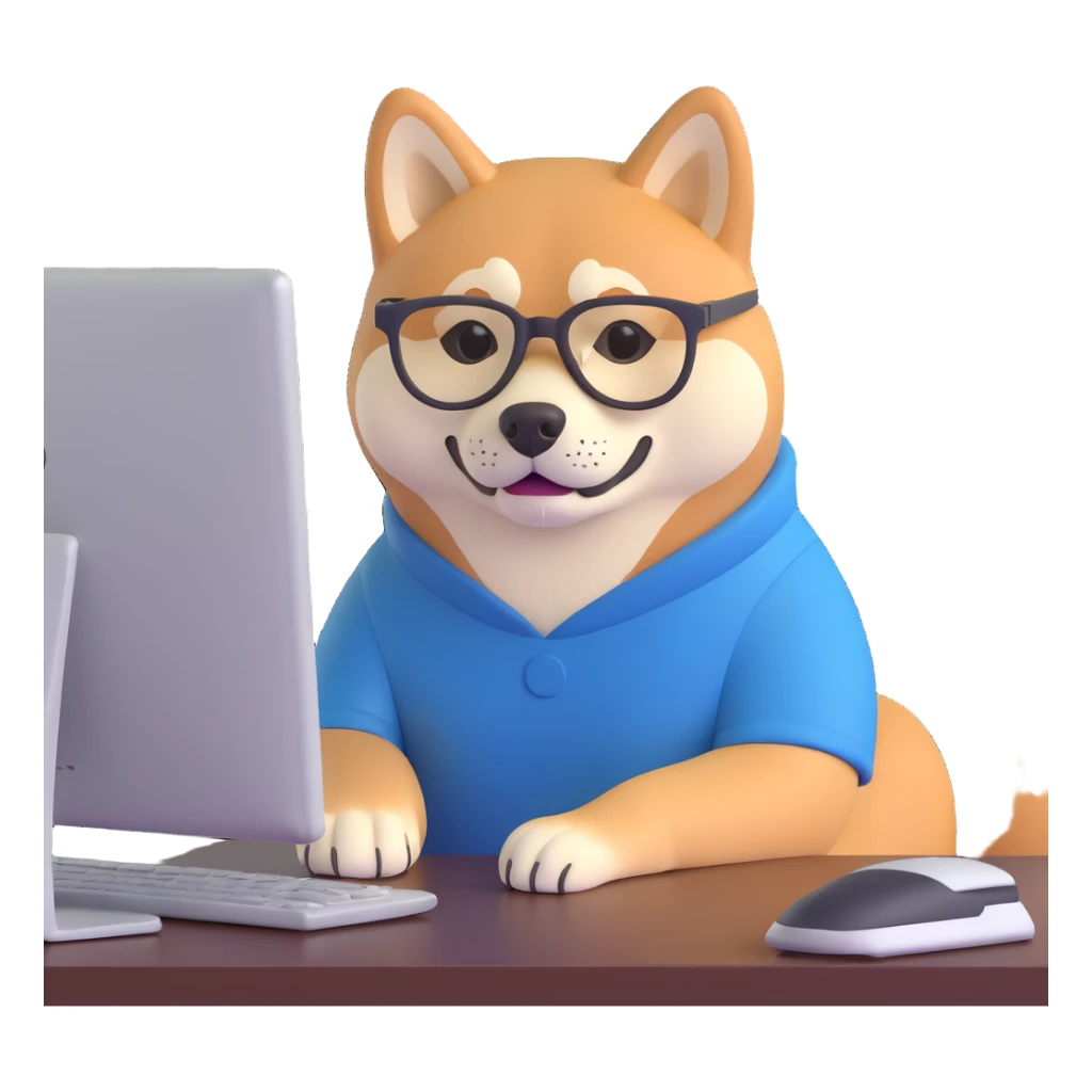 shiba inu with eye glasses and computer sticker