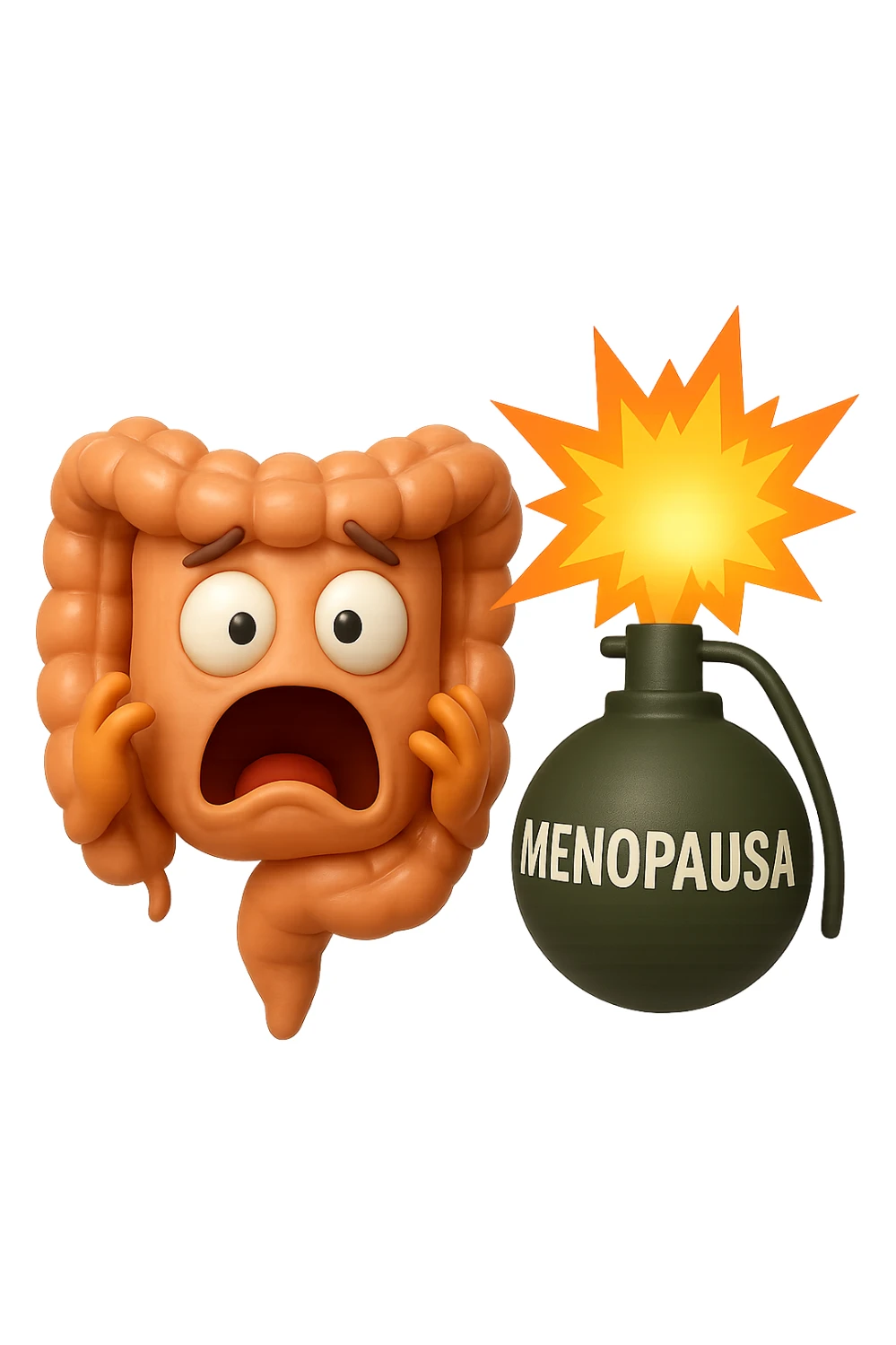 EMOJI STILE IPHONE 3D DI INTESTINO 3D CON ESPRESSIONE SPAVENTATA IN VOLTO MENTRE ACCANTO A LUI SCOPPIA UNA GRANATA 3D CON LA SCRITTA "MENOPAUSA" SOPRA, FAGLI ANCHE LA PARTE BIANCA DEGLI OCCHI, NON SOLO LA PUPILLA sticker