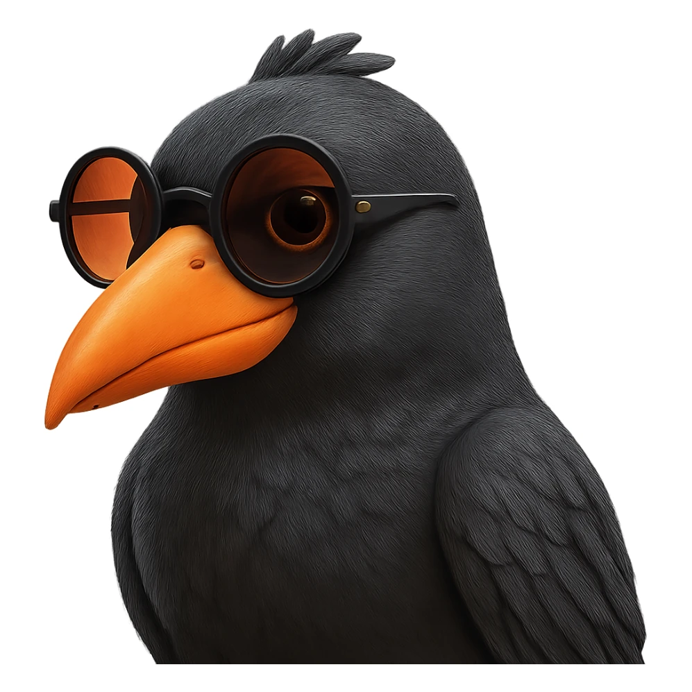 Make the bird slightly more realistic than the original, but still cartoonish. Keep the same pose, orange beak, and round sunglasses. Add subtle feather texture and gentle shading, but not hyper-realistic. Bird looking to the right. No background. The style should maintain the cartoonish look of the original bird. sticker