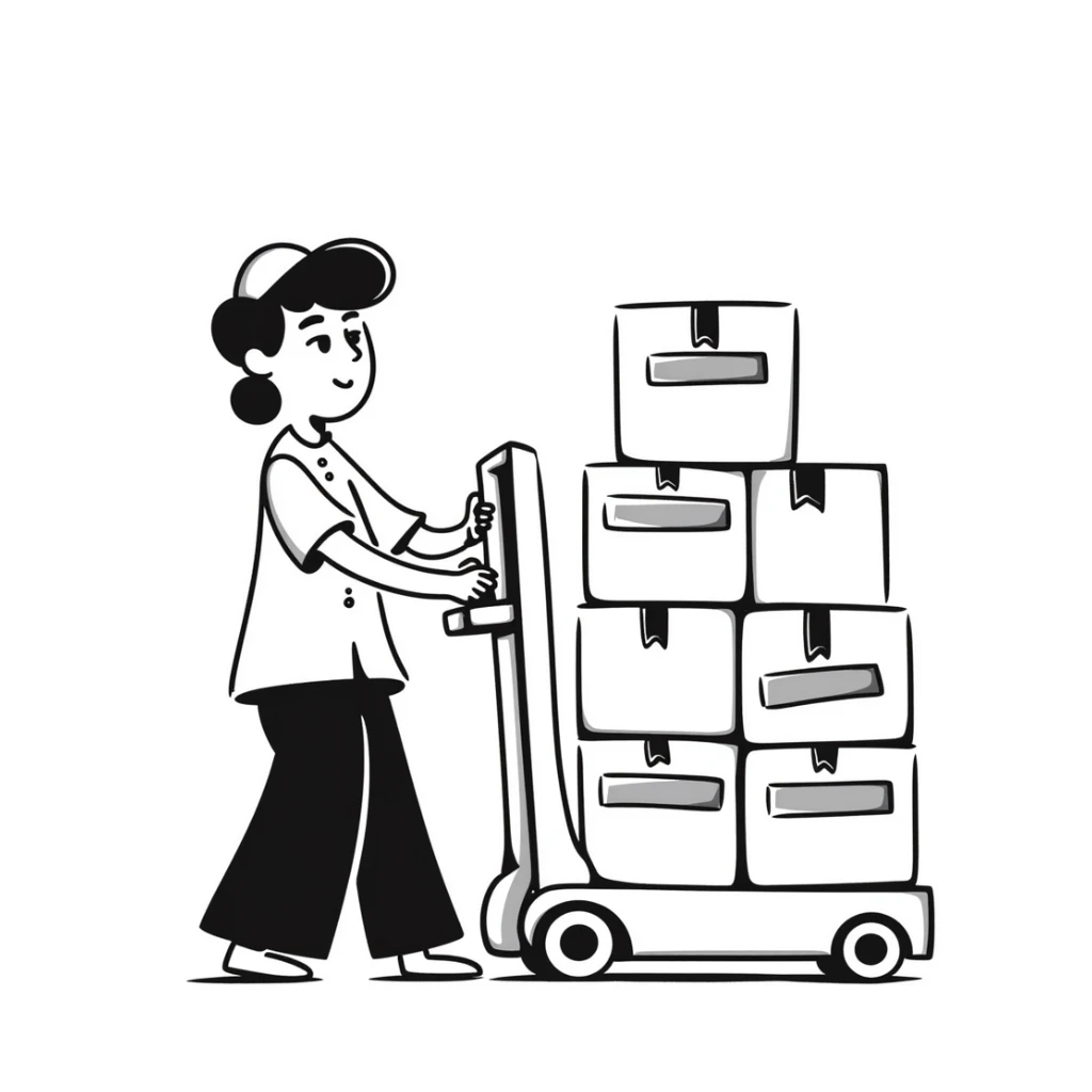A hand-drawn warehouse worker with a forklift carrying inventory, representing a supplier sticker