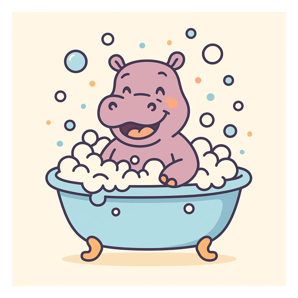color vector art with thin outline of happy hippo with bubbles in bathtub sticker
