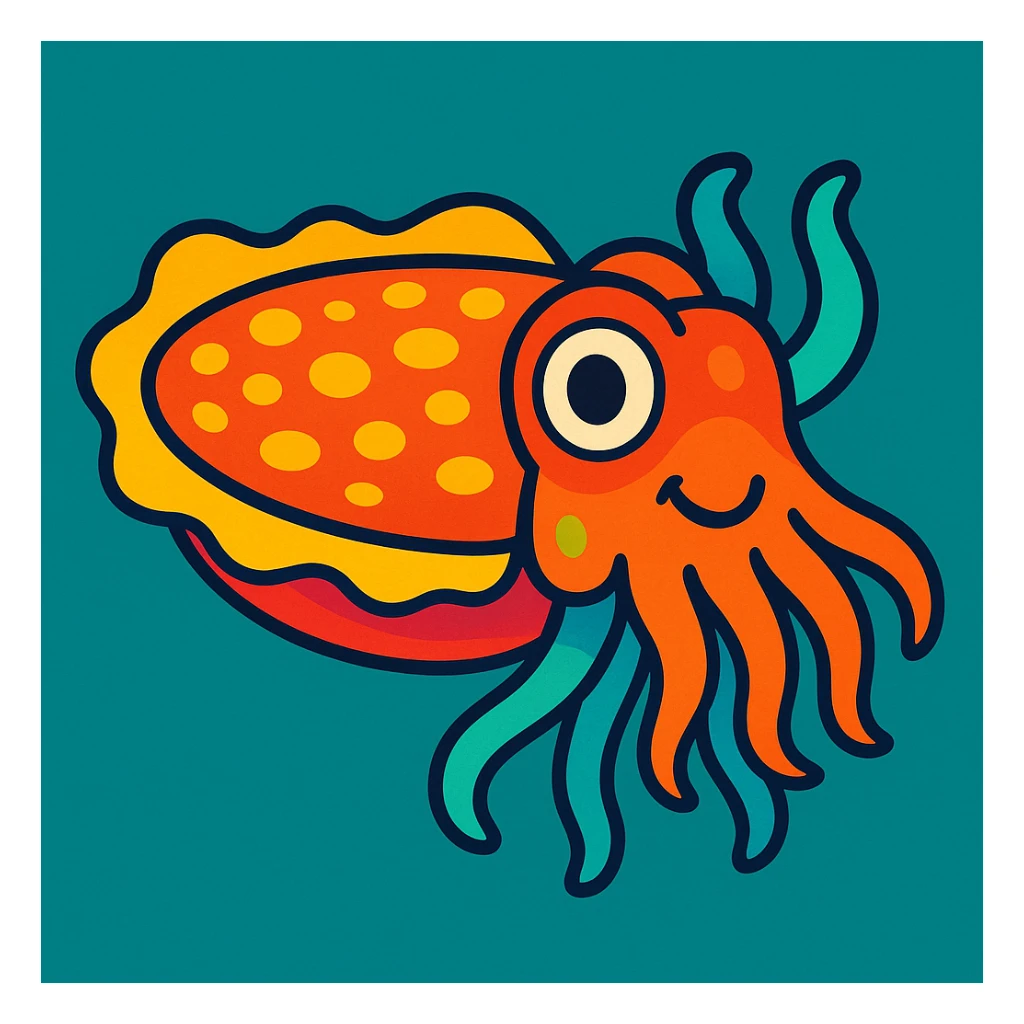 charming cuttlefish, vibrant colors, friendly look, stylized illustration sticker