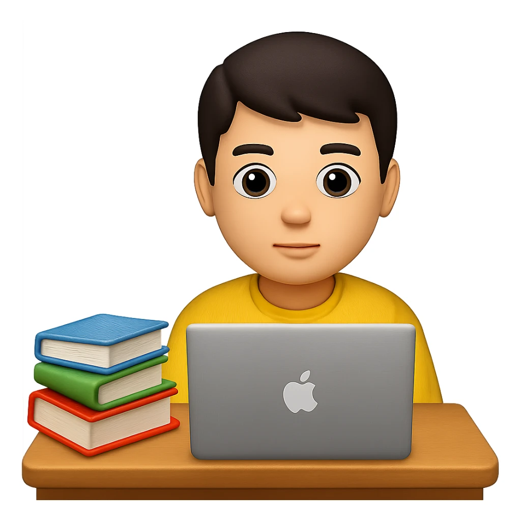 Edit the image to depict a student working on a laptop at a desk with a stack of books on the desk in the style of apple emojis. Maintain the apple emoji style and add a stack of books on the desk clearly visible. sticker