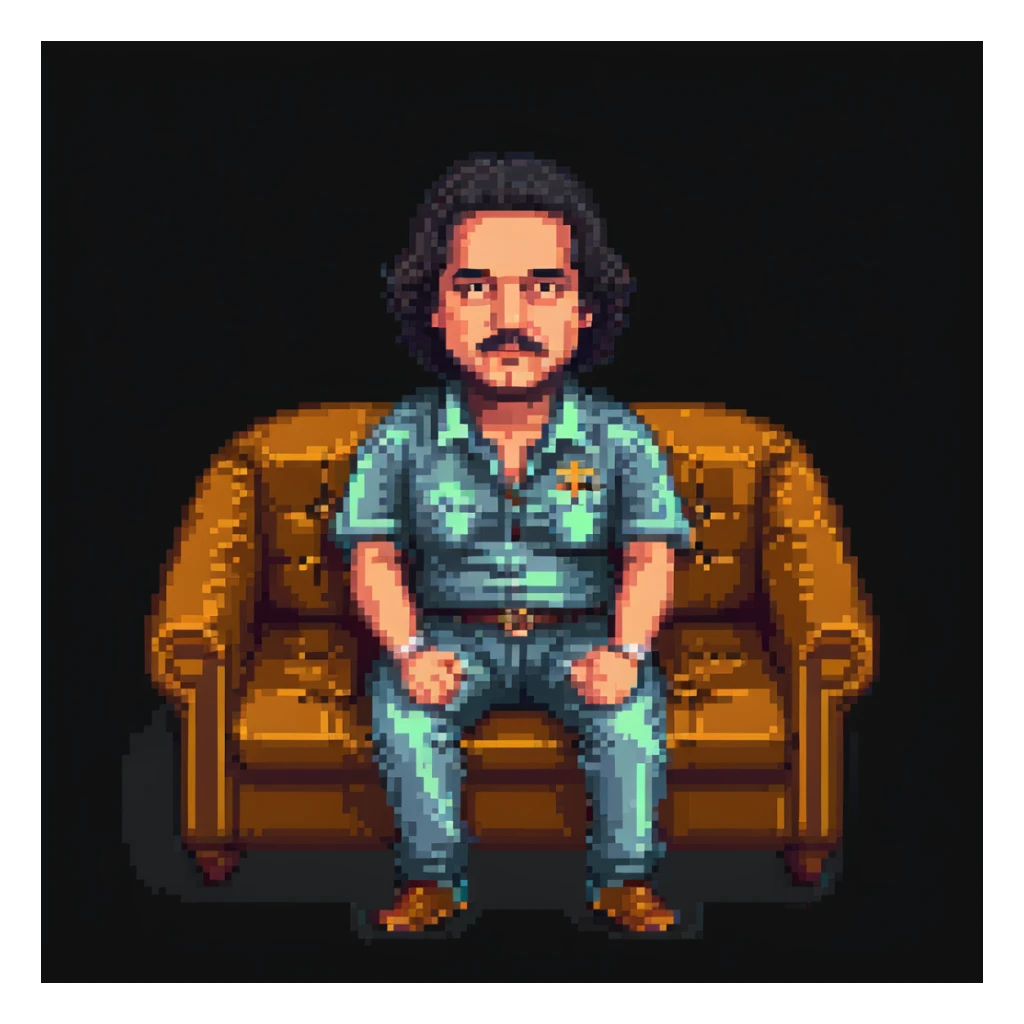 Pablo Escobar sitting on a sofa, pixel art style sticker