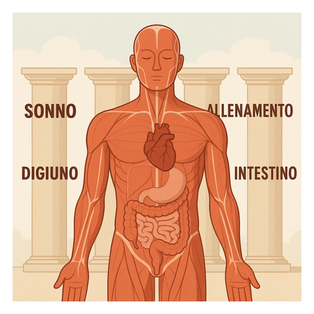 5 pilastri con le scritte "SONNO", "DIGIUNO", "ALLENAMENTO", "INTESTINO", DAVANTI UN CORPO UMANO ANATOMICO CON OCCHI CHIUSI IN SALUTE, SFONDO CHIARO sticker