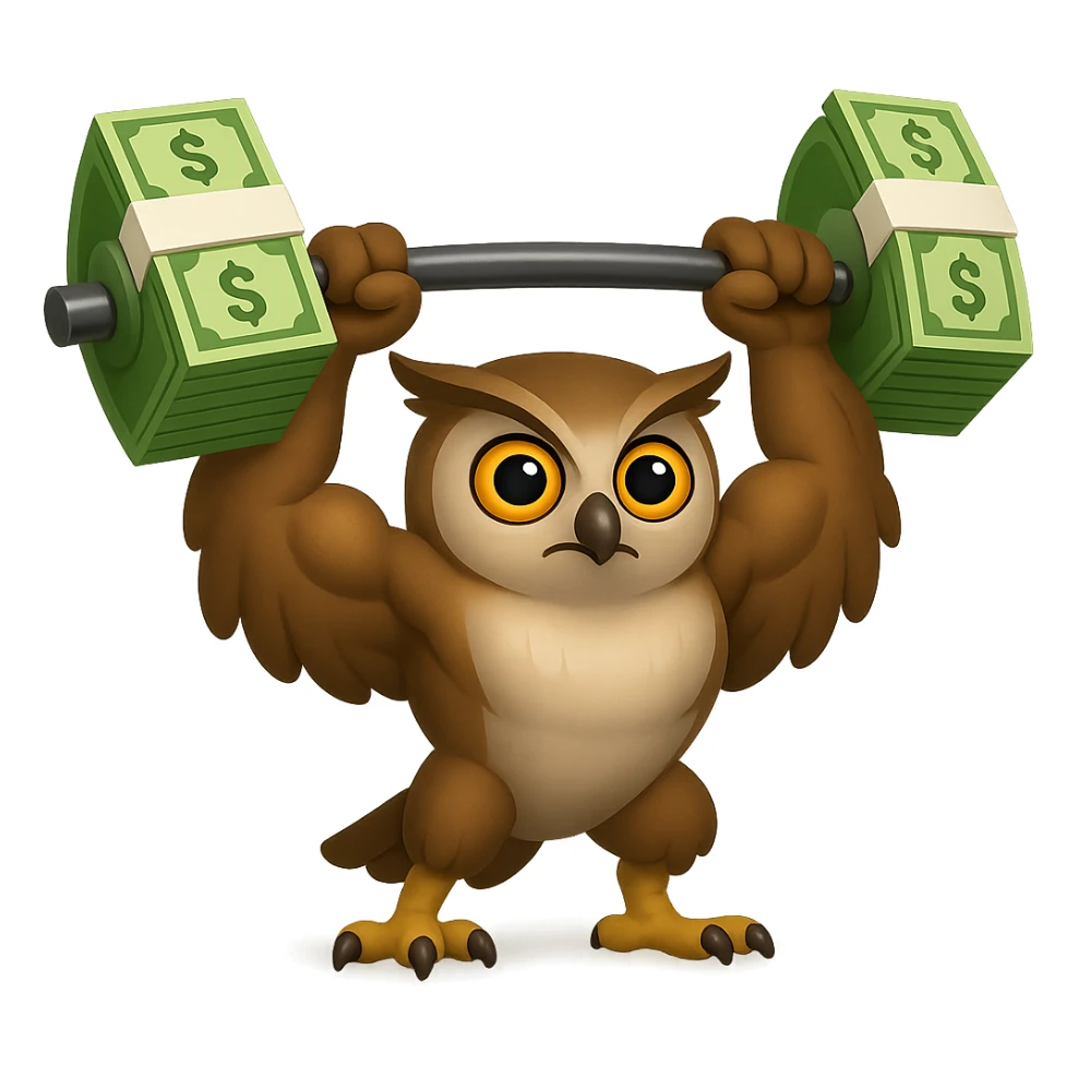 В стилистике эмоджи сгенерируй сову-штангистку. Она с накачанными крыльями пытается поднять штангу, с блинами в виде пачек зеленых купюр, прозрачный фон sticker