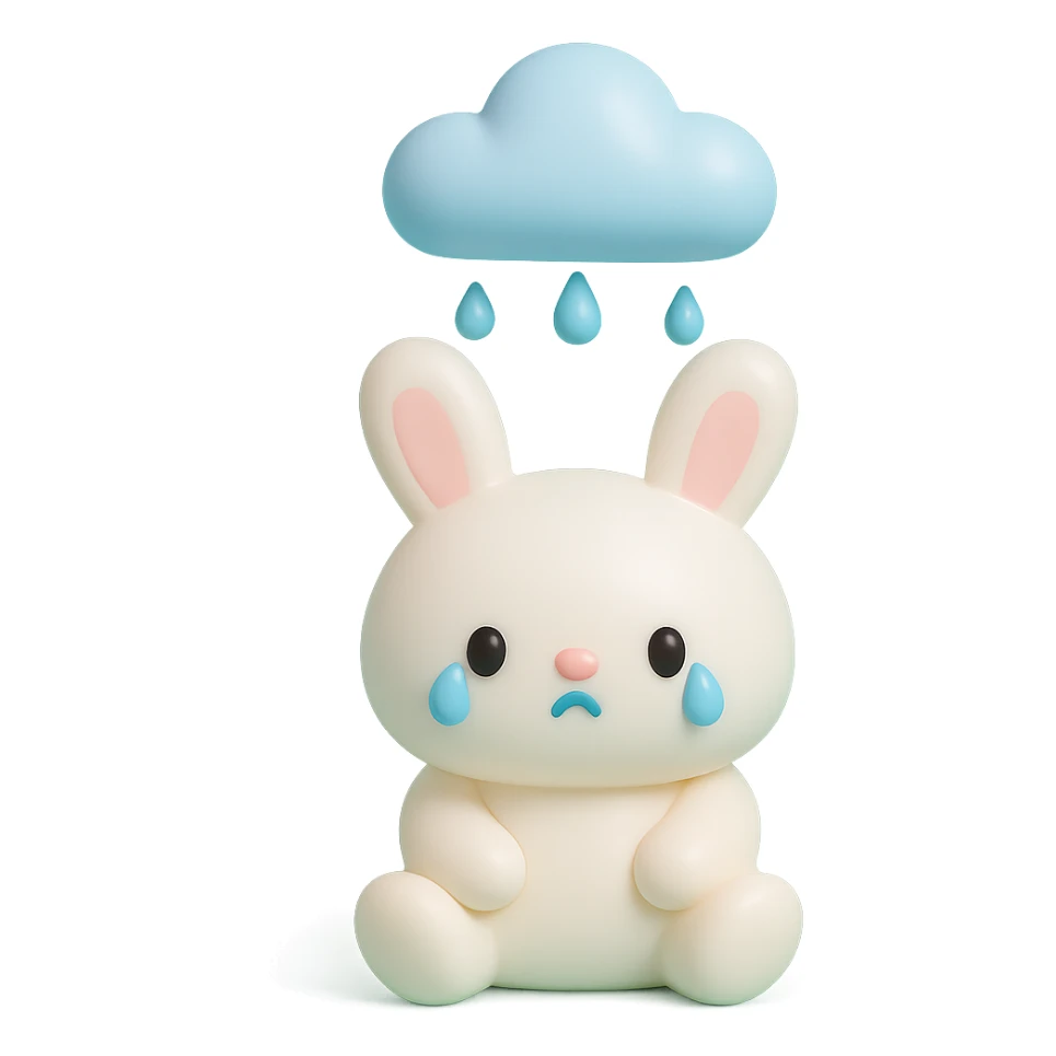 marshmallow bunny sitting with tears under a raincloud, vinyl figure style sticker