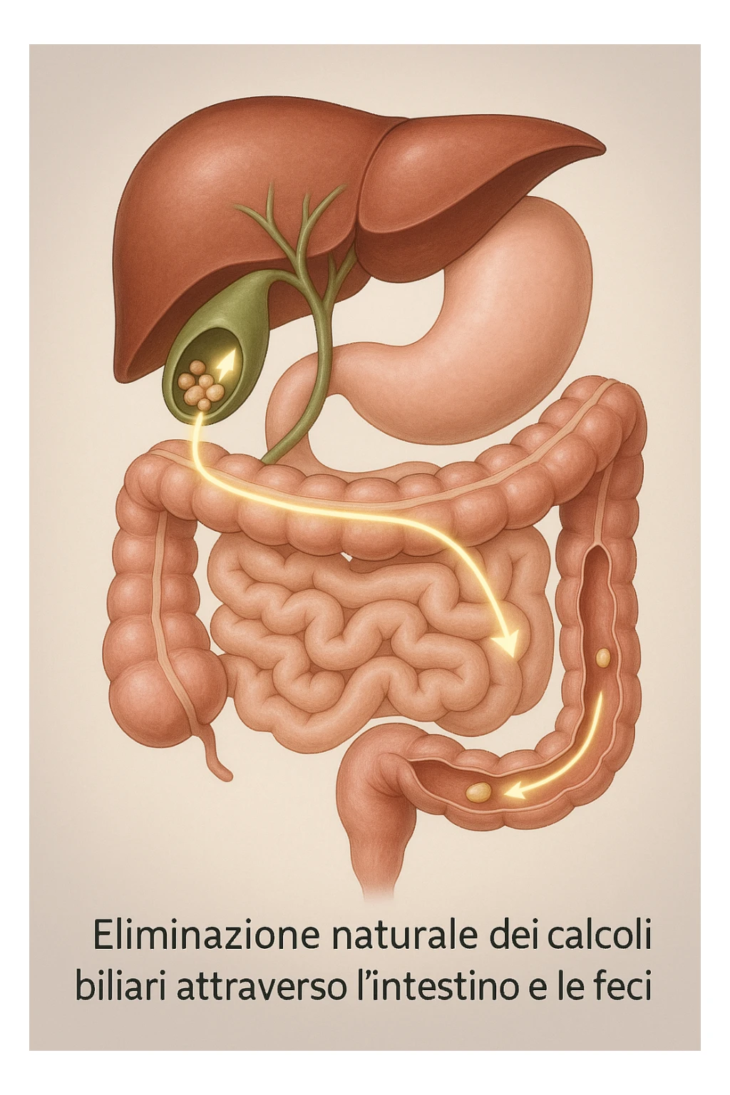 A realistic, educational medical illustration showing the human digestive tract focusing on the liver, gallbladder, bile ducts, and intestines. The gallbladder is depicted with small gallstones inside. A soft glowing arrow indicates the flow of bile and small stones moving naturally from the gallbladder through the bile ducts into the intestines. In the colon, small softened gallstones are shown being prepared for elimination, symbolizing their removal through bowel movements. The style is clean, precise, and clear with soft anatomical colors (greens, soft reds, and yellows) and faint glowing arrows to illustrate the process. The background is a subtle neutral gradient to keep the focus on the organs and the pathway. The image conveys the concept of natural gallstone elimination through the intestines via the stool in a clear, non-graphic, and educational way in italiano sticker