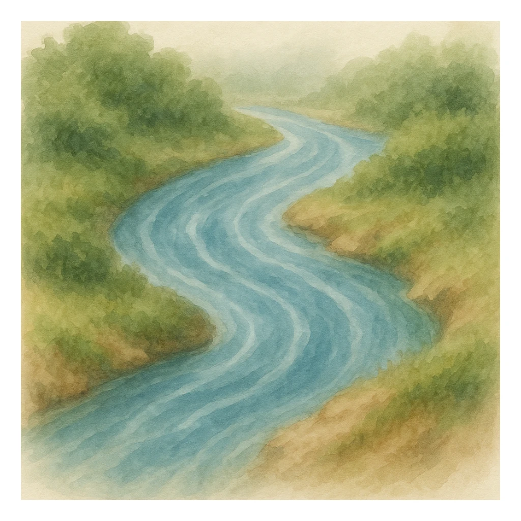 Show the flowing water as a painterly, textured river, evoking a sense of movement, with natural riverbanks, in a watercolor art style. sticker