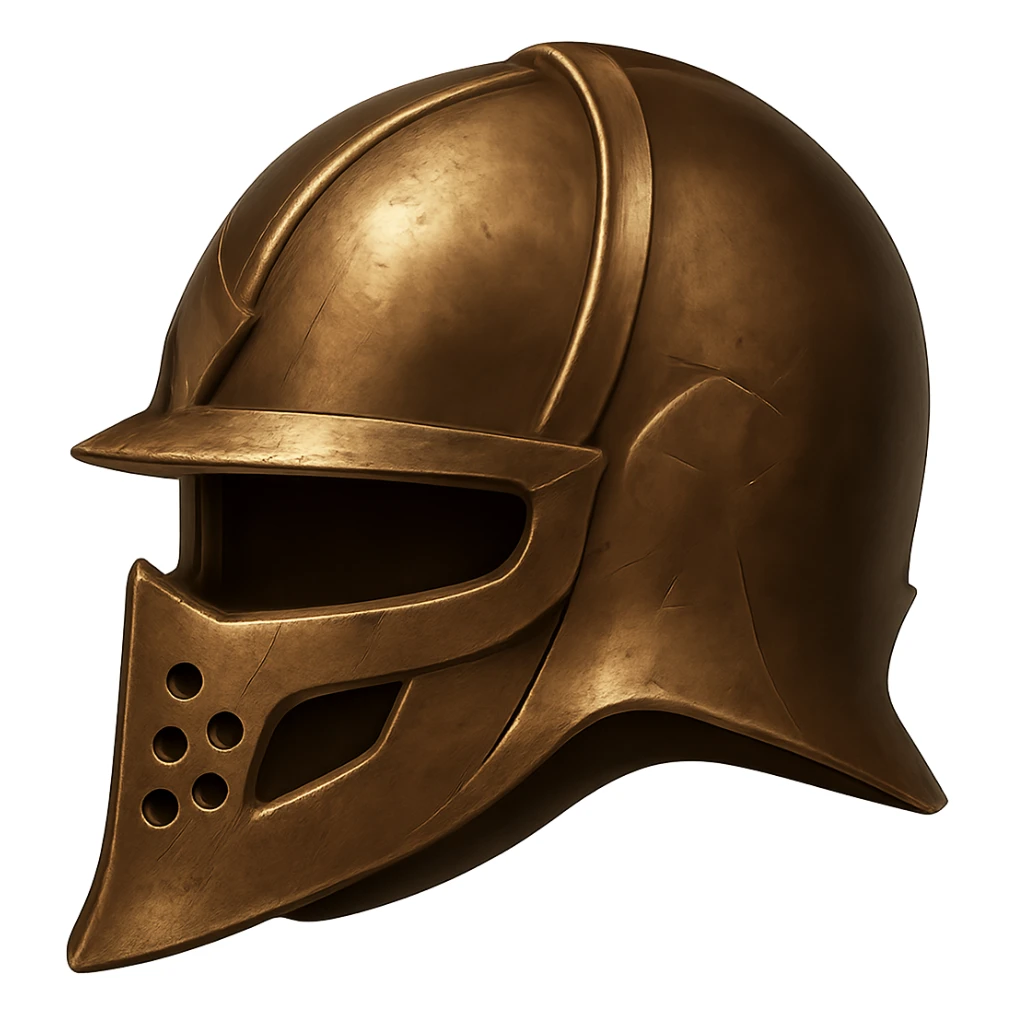 Change the color and texture to realistic bronze metal, making the helmet metallic, shiny, and worn. Keep the helmet's shape. The style should resemble emoji style with a transparent background. sticker