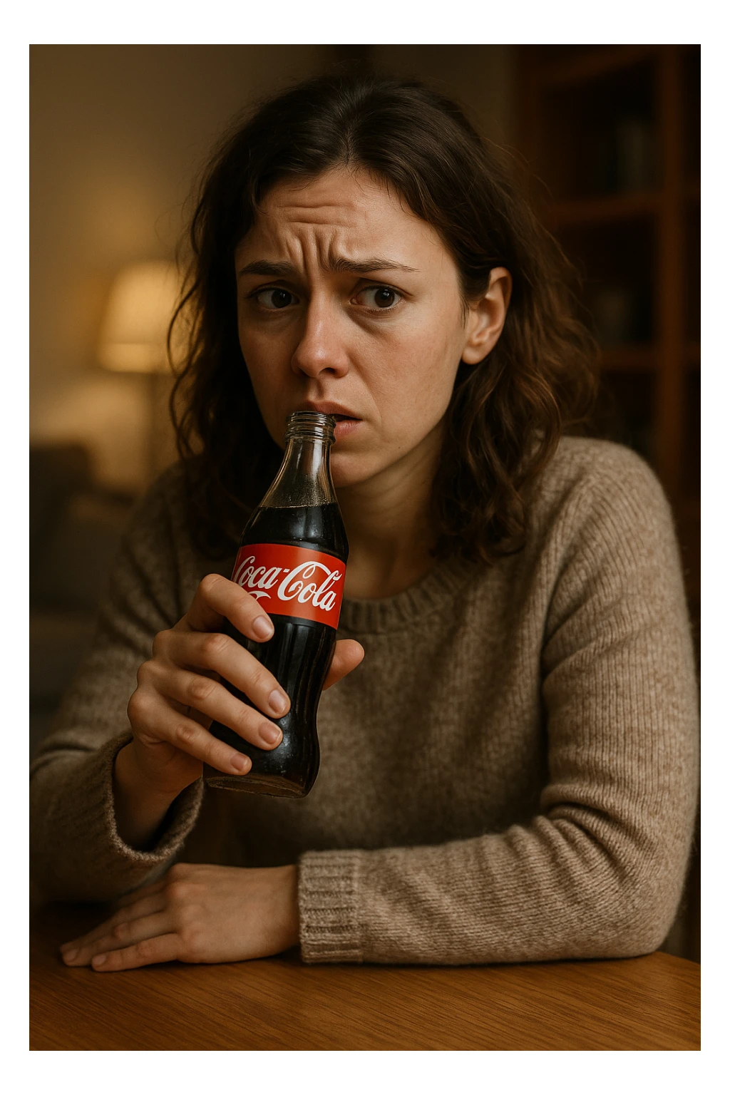 donna con ansia. Che beve coca cola. Immagini realistiche sticker