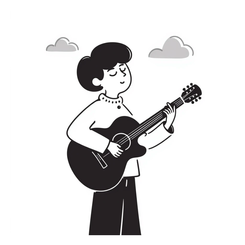 A musician holding a guitar, with a sad expression, looking up at the sky, waiting for an opportunity sticker