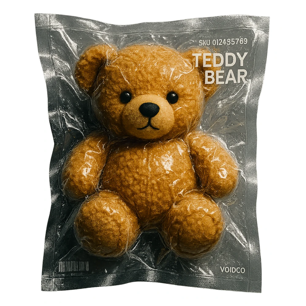 vacuum-sealed teddy bear, squished and shiny sticker