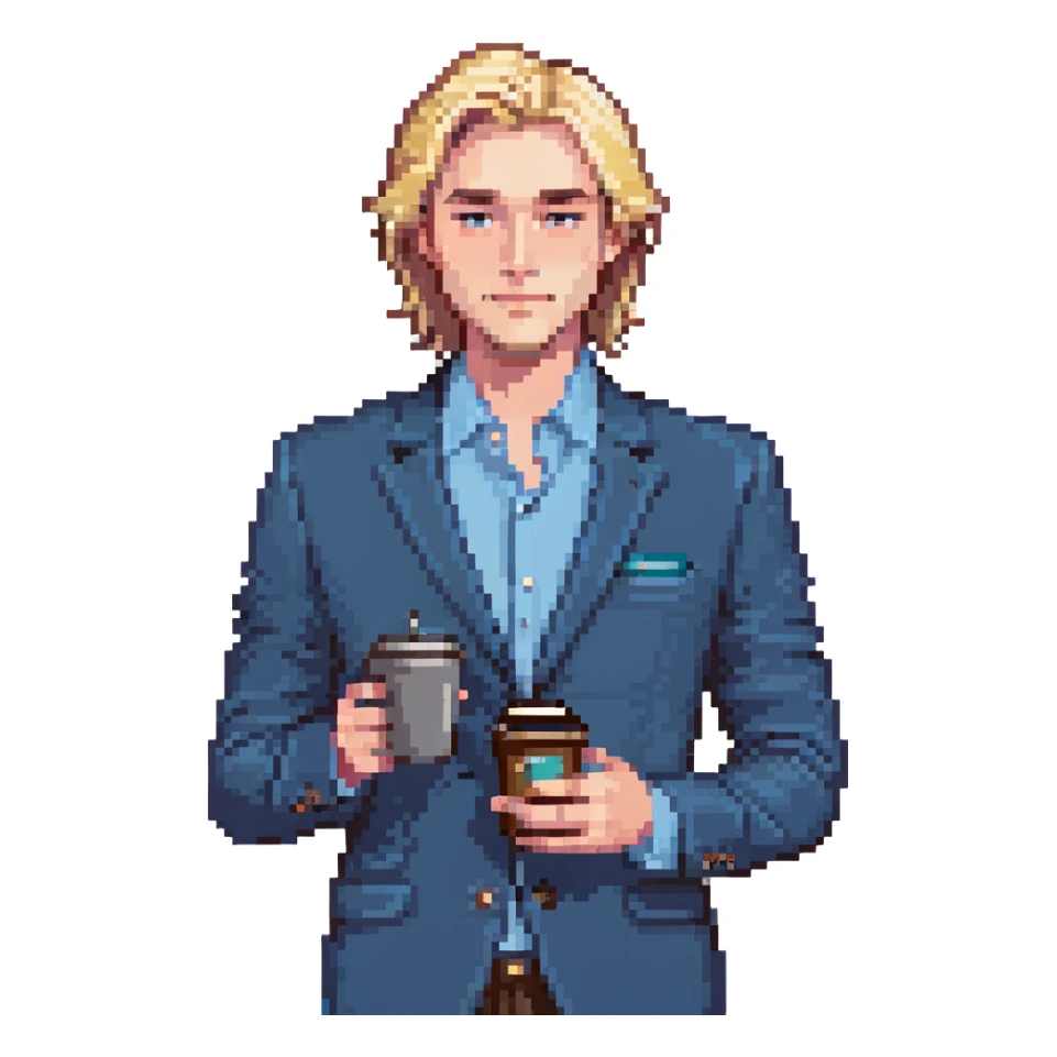 Confident male entrepreneur, Caucasian features, blonde hair, defined eyebrows, slight smile, wearing blue blazer over light blue shirt, holding a smartphone in one hand and a coffee cup in the other, waist-up, front-facing sticker