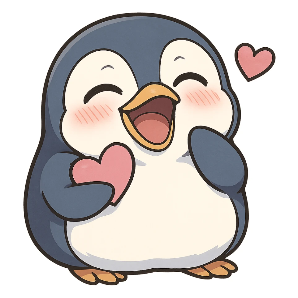 anime style penguin laughing with a heart, looking sweet sticker
