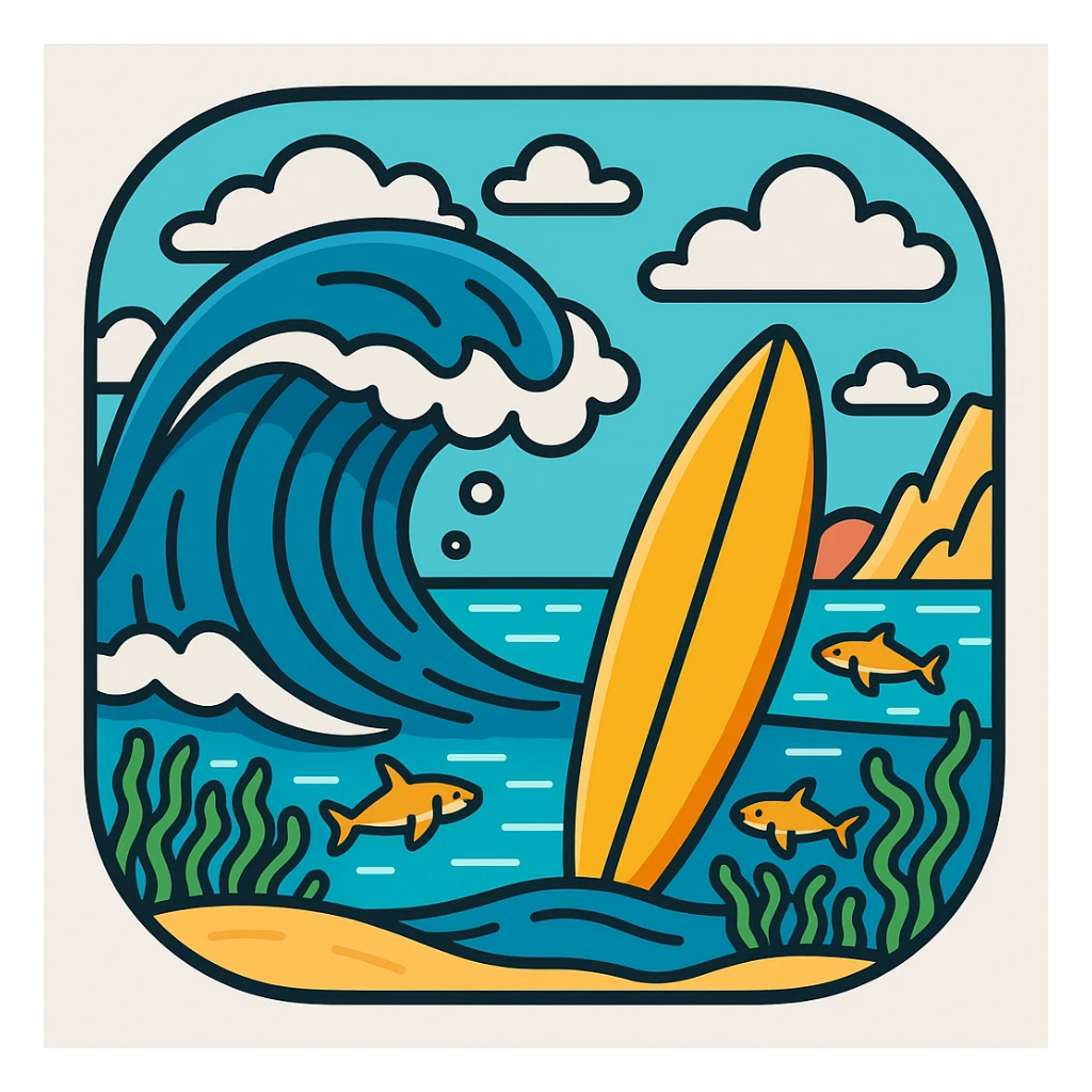 Add a cartoon ocean wave background behind the surfboard, matching the sticker style. The style should resemble cartoonish stickers with bold outlines and simple colors, playful and fun. sticker