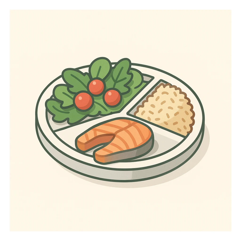 Harvard plate, half with salad leaves and cherry tomatoes, one quarter with grilled salmon steak protein, one quarter with brown rice complex carbs, 2D isometric illustration style sticker