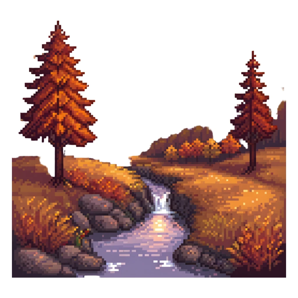 pixel art fall landscape at sunset, orange and red foliage, glowing sky sticker