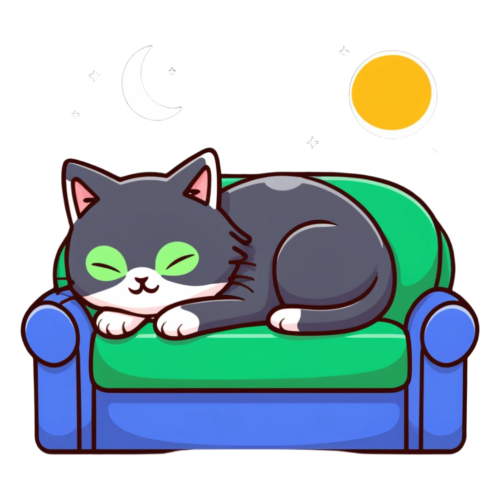 tricolor fluffy cat with big green eyes sleeping on a sofa with a moon above her sticker