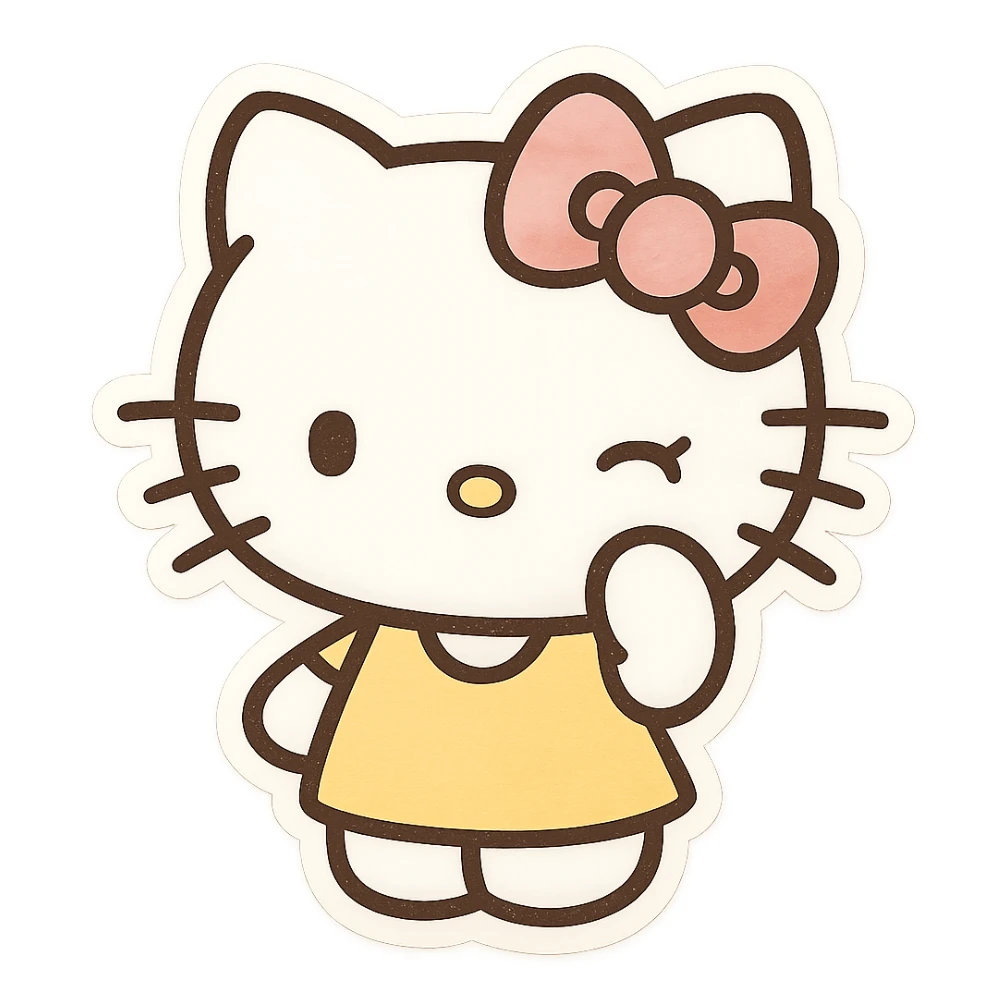 hello kitty emoji style, normal white head, pink bow, winking expression, yellow dress sticker