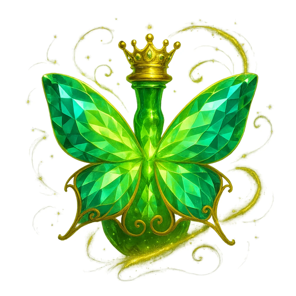 Enhance the butterfly by adding swirling, floating magical sparkles and glowing effects around it, inspired by luxury elixir bottle effects. Do not alter the butterfly itself, only add magical, luxurious energy and sparkles around it. Transparent background, no shadow or base. sticker